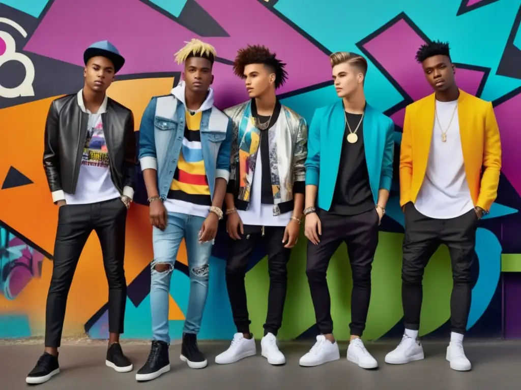 Influencia música en moda masculina juvenil: jóvenes estilosos, urbanos, con outfits vanguardistas rodeados de elementos musicales