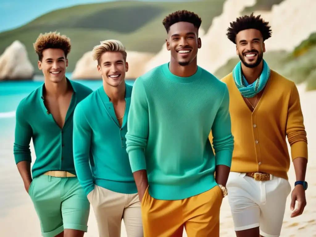 Tendencias moda masculina verano juvenil: Jóvenes estilosos y confiados en outfits veraniegos vibrantes en una playa paradisíaca