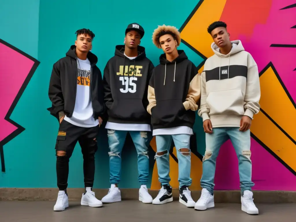 Tendencias streetwear moda masculina: jóvenes estilosos posando con outfits urbanos y coloridos en un entorno graffiti