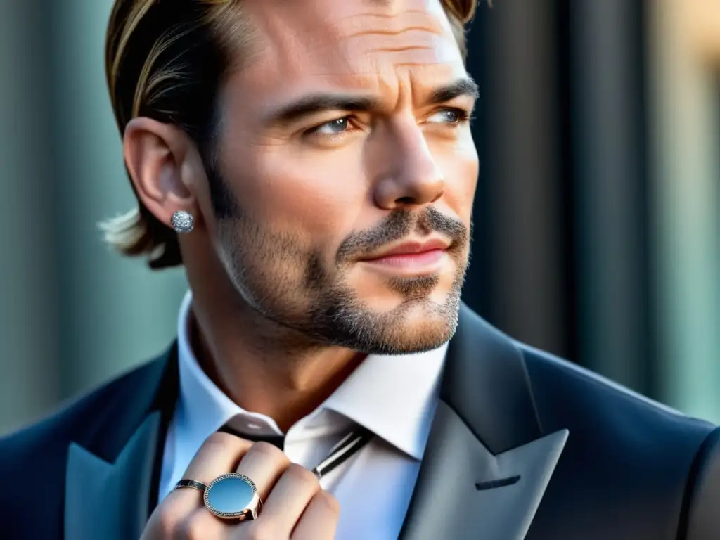 Joyería masculina como expresión de estilo: famoso con elegante y moderna joya en primer plano