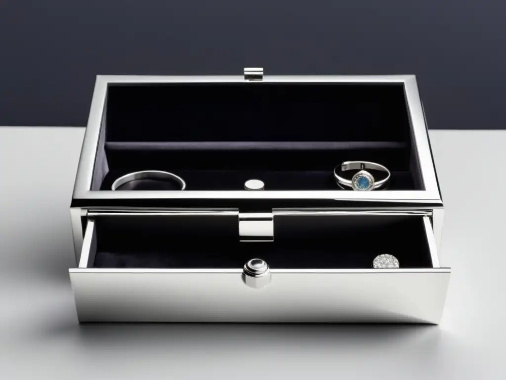 Joyería masculina creativa y moderna en caja de chrome pulido con interior de terciopelo negro, muestra pulsera, gemelos y collar pendant