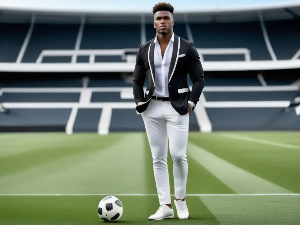 Outfit elegante de fútbol masculino con estadio vibrante y fans emocionados