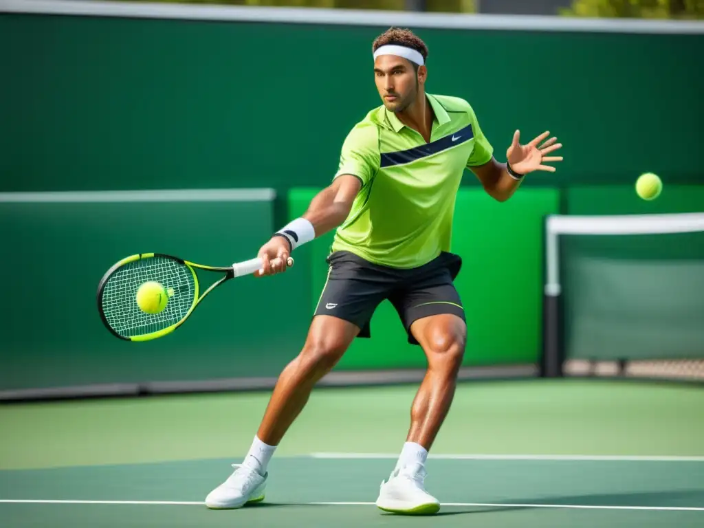 Imagen de jugador de pádel moderno en una pista verde vibrante - Ropa de pádel hombre moderno