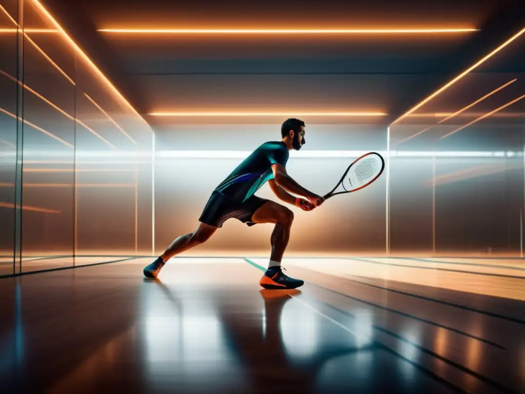 Equipamiento de squash masculino moderno en un juego intenso y futurista en una pista de cristal iluminada por LED