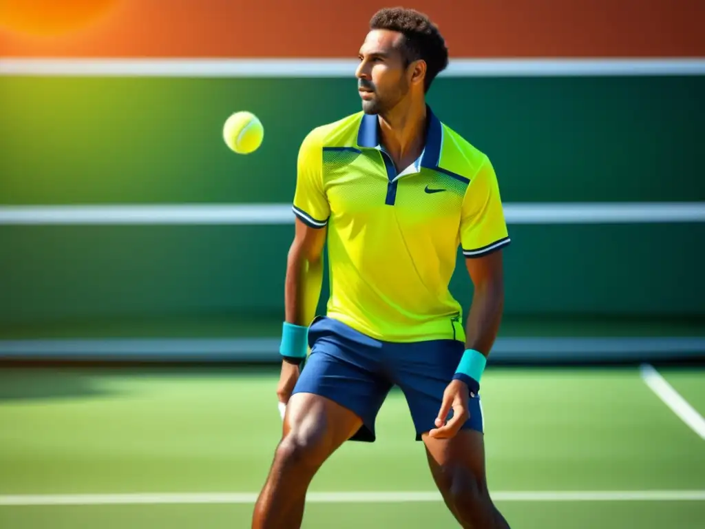 Jugador de tenis masculino en una cancha soleada, con un atuendo vibrante que combina moda y funcionalidad