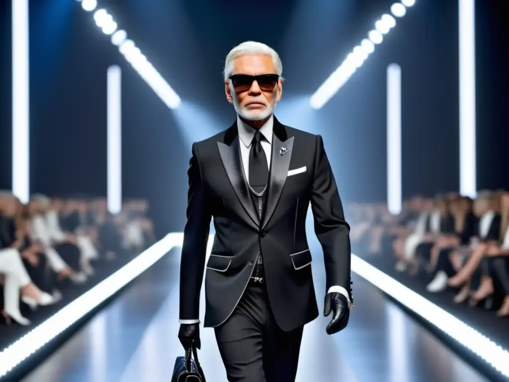 Influencia Karl Lagerfeld en moda masculina: Imagen 8k detallada muestra pista con modelo seguro, traje negro elegante y estilo impecable