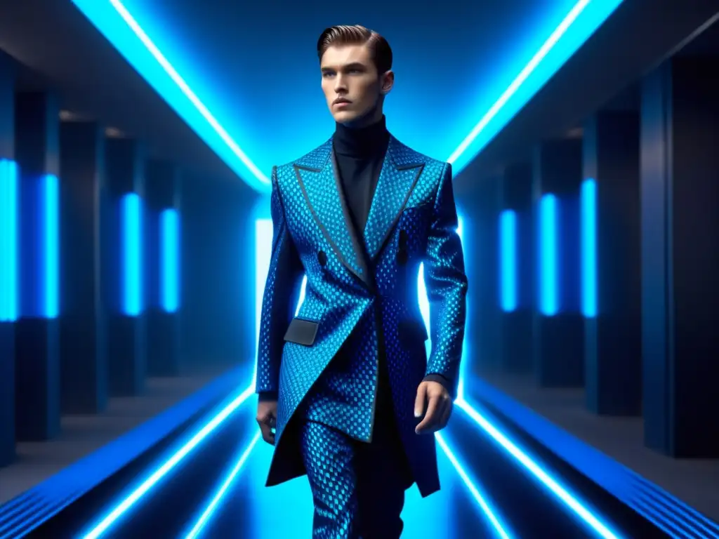 Influencia de Kenzo en Blade Runner 2049: traje negro futurista con patrones azules y logo Kenzo en el cuello, en ciudad neonlit