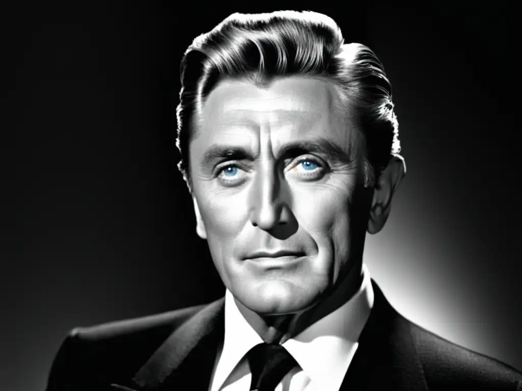 Retrato clásico en blanco y negro de Kirk Douglas, personificando el estilo masculino clásico