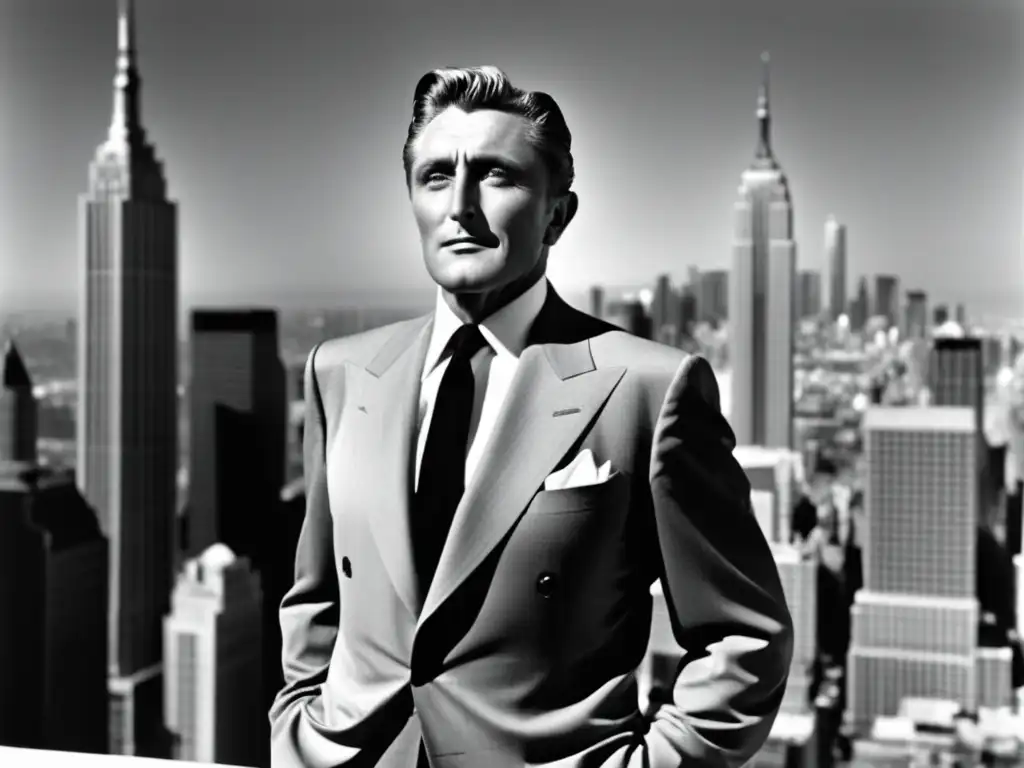 Kirk Douglas estilo masculino clásico: Imagen en blanco y negro del icónico actor luciendo un traje impecable en medio de una ciudad moderna