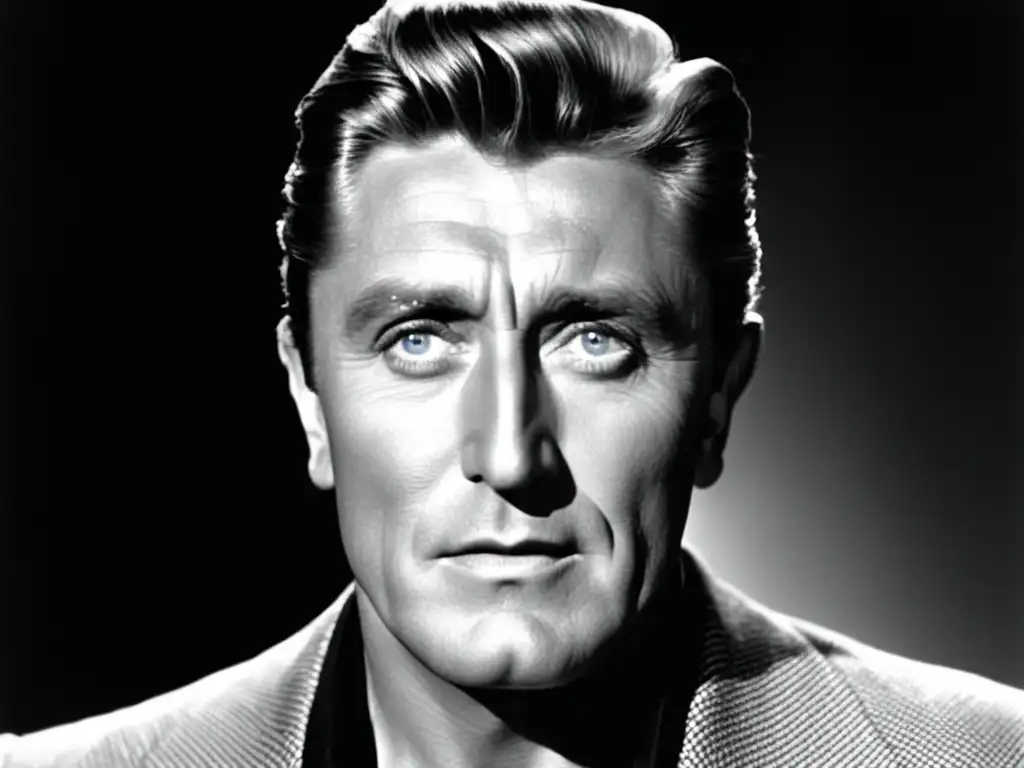 Retrato en blanco y negro de Kirk Douglas, ícono del cine clásico, con estilo masculino clásico