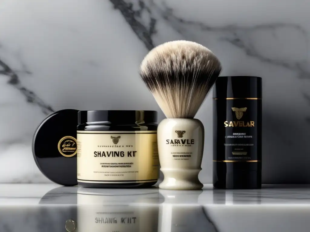 Beneficios crema afeitar tradicional masculino en elegante kit de afeitado sobre encimera de mármol