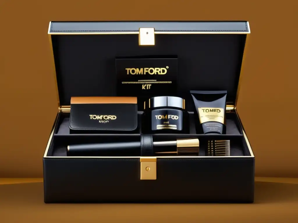 Tendencias moda masculina Tom Ford: Kit de aseo masculino de lujo con estuche de cuero negro y productos de alta calidad