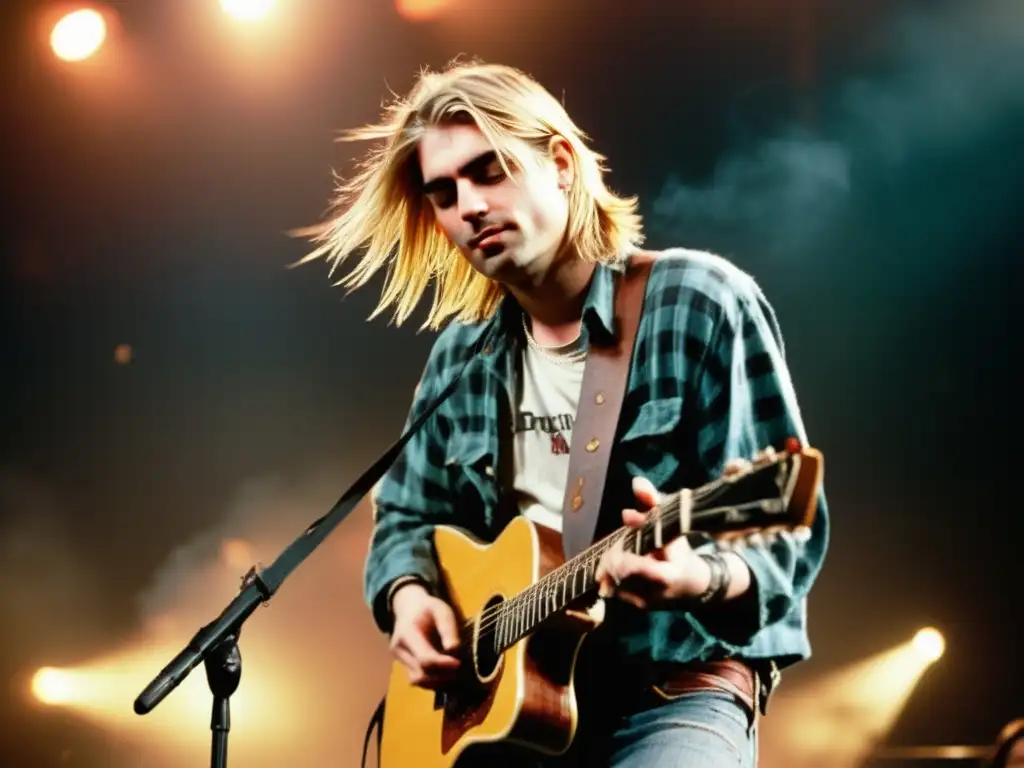 Joven Kurt Cobain en concierto grunge, con cabello desaliñado, jeans rotos, camisa a cuadros en la cintura