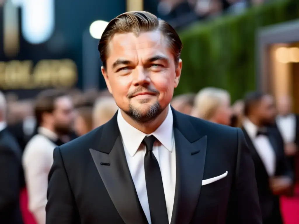 Leonardo DiCaprio en alfombra roja, estilo impecable en traje negro y camisa blanca