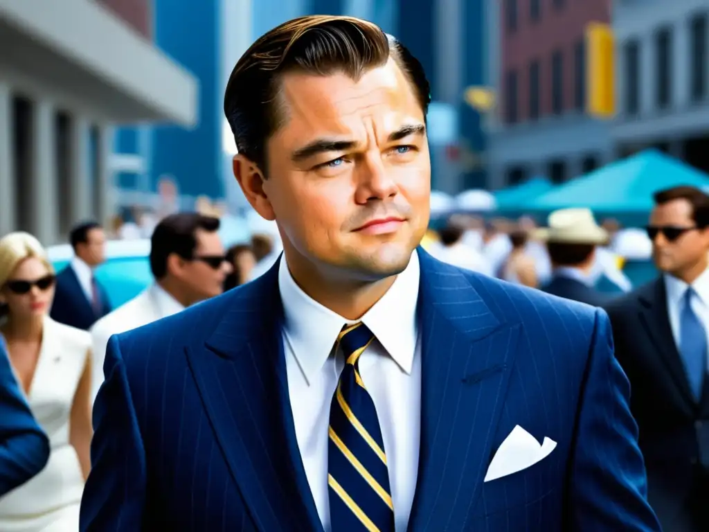 Tendencias moda masculina Leonardo DiCaprio en traje azul con camisa blanca y corbata negra en oficina moderna