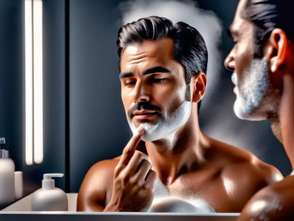 Importancia rutinas cuidado piel hombres: Hombre en rutina de limpieza facial, piel impecable, moderno baño iluminado