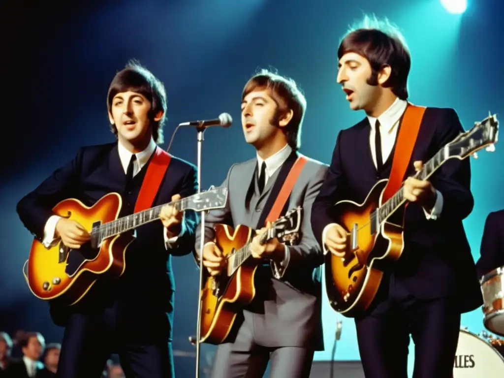 Moda masculina influencia Beatles: icónica imagen de los cuatro miembros de la banda en el escenario, demostrando su impacto en la moda masculina