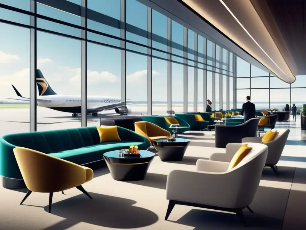 Aeropuerto de lujo y sofisticación Un lounge de aeropuerto moderno y sofisticado con viajeros elegantes y actividades diversas