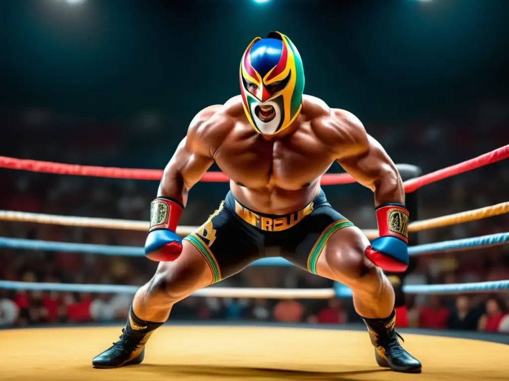 Equipamiento de lucha libre masculino de alta calidad y auténtico en una imagen 8k ultradetallada de un luchador profesional ejecutando un poderoso movimiento en el ring