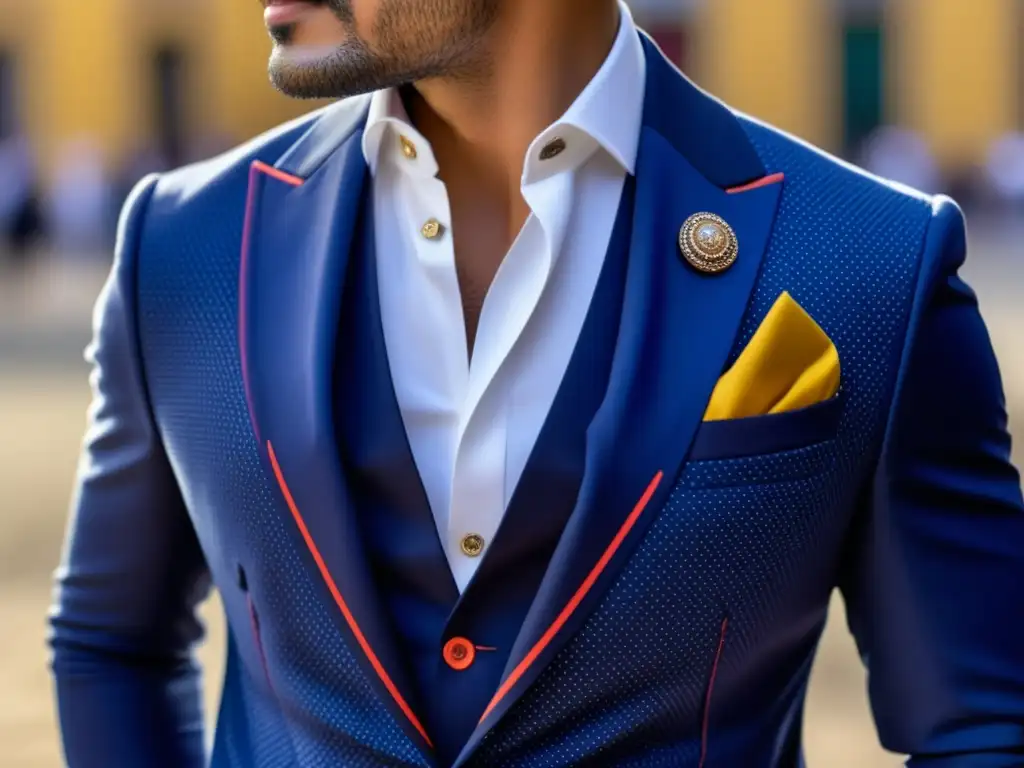 Detalles de vestimenta estilo Madureño: impecable blazer azul marino, accesorios cuidadosamente coordinados