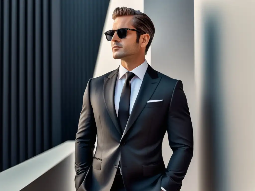 Moda masculina: hombre elegante con traje negro, camisa blanca, corbata de seda negra y gafas de sol de lujo, sosteniendo reloj lujoso