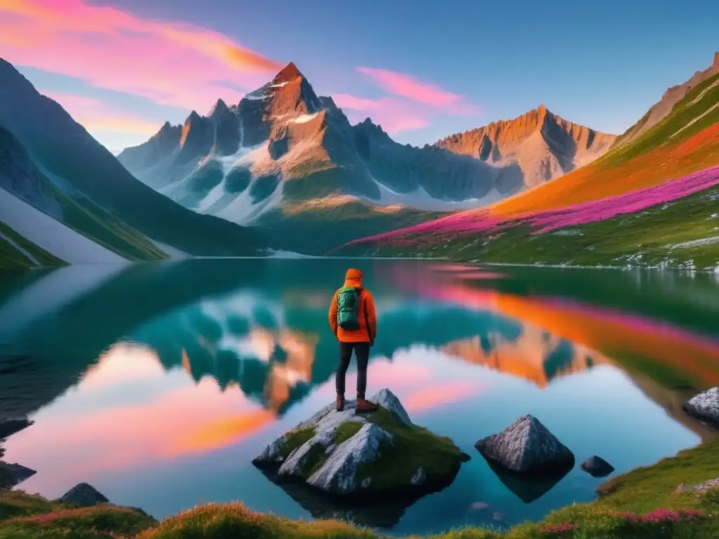 Consejos de estilo para hombres en escapada a la montaña: Imagen impresionante de montaña al atardecer, con hombre en atuendo moderno