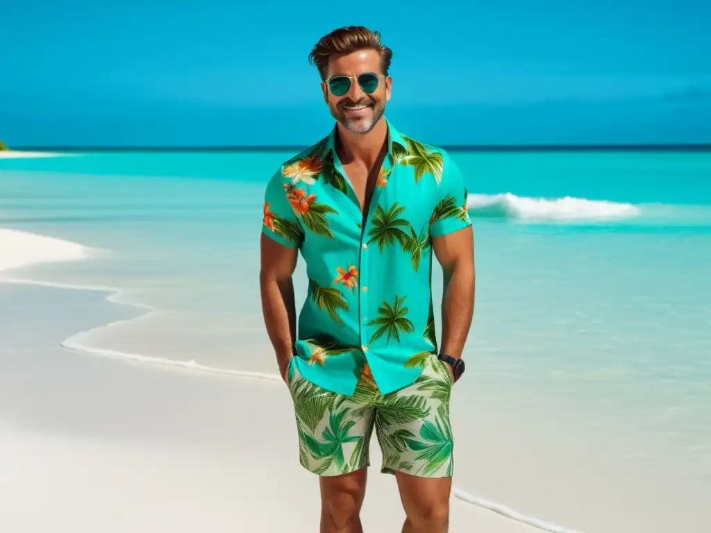 Hombre viajero en playa tropical con moda masculina para viajes tropicales