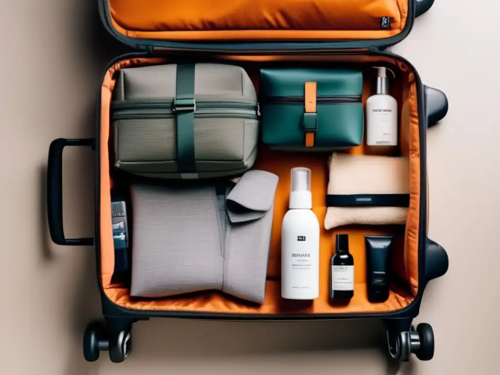 Consejos para empacar equipaje eficiente: maleta organizada y compacta con ropa enrollada, productos de viaje y accesorios estratégicamente colocados
