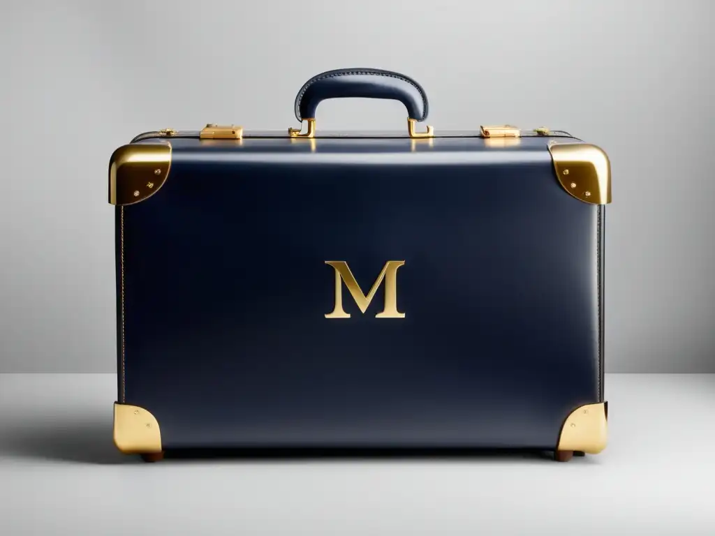Maleta de cuero personalizada elegante Consejos para personalizar equipaje masculino: maleta de cuero azul marino con monograma en oro