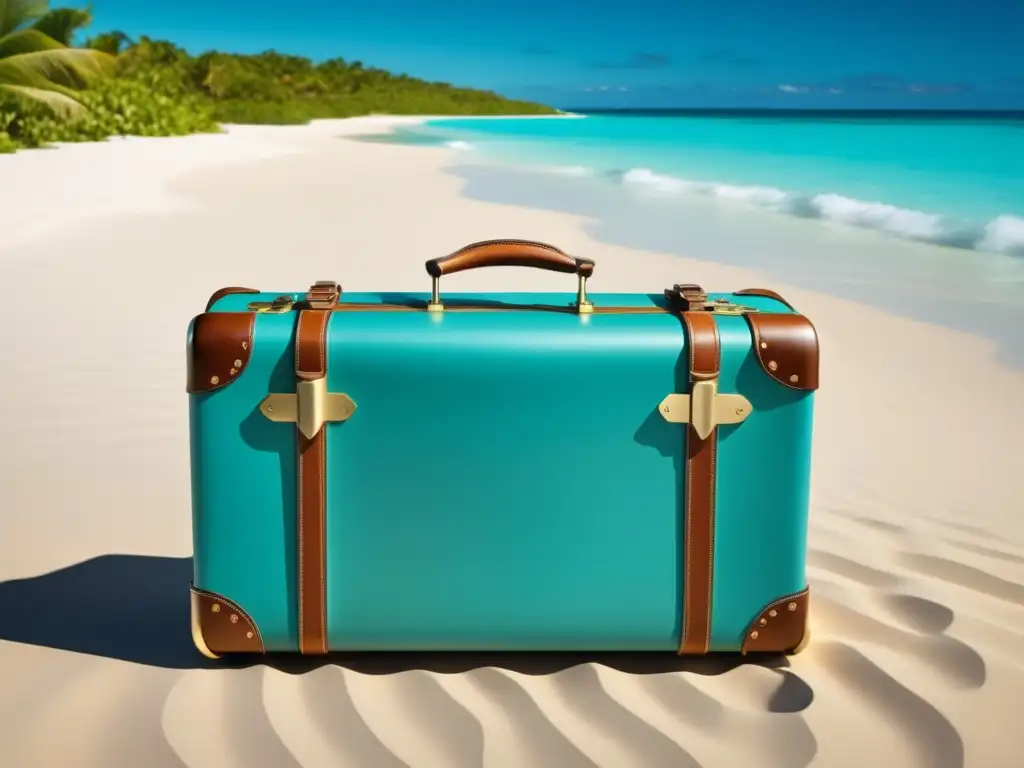 Maleta de viaje de lujo en playa paradisíaca Equipaje de lujo: Detalles, funcionalidad y elegancia en la playa
