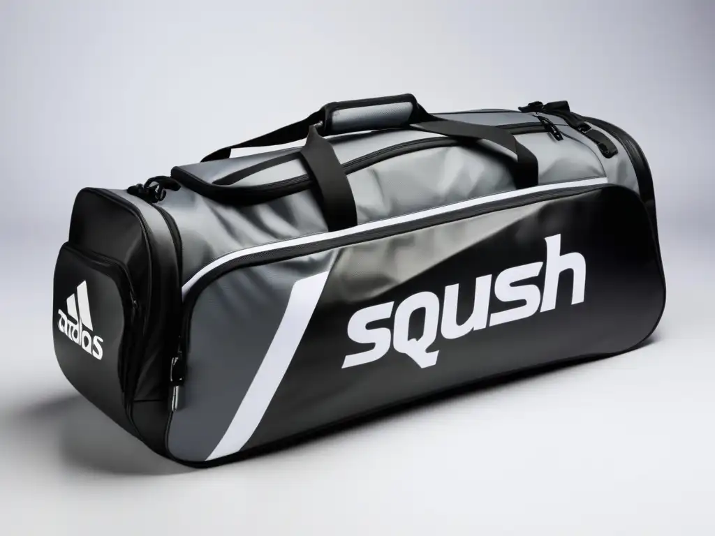 Equipamiento de squash masculino moderno en una bolsa elegante y funcional con múltiples compartimentos y logo sutilmente grabado