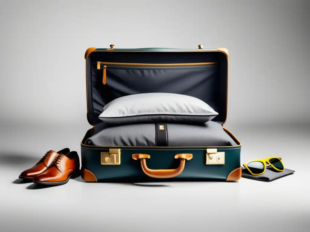 Maleta de viaje moderna y elegante Maleta de viaje moderna y elegante con ropa doblada, cojín de viaje, antifaz y reloj minimalista