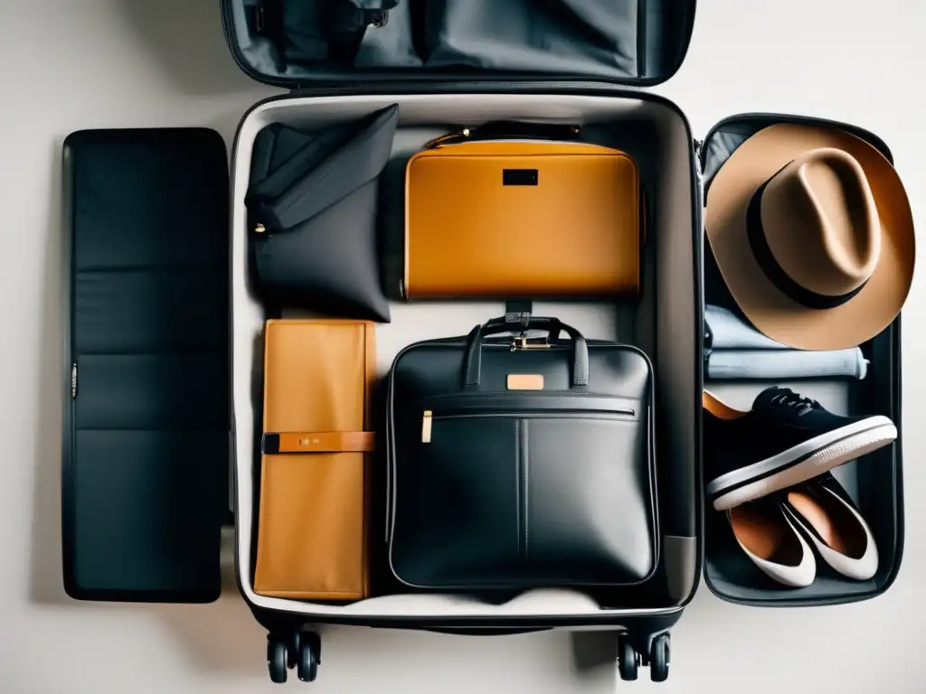 Maleta organizada para viajar Tips para empacar maleta eficientemente: maleta moderna y organizada, con outfits coordinados y esenciales bien doblados