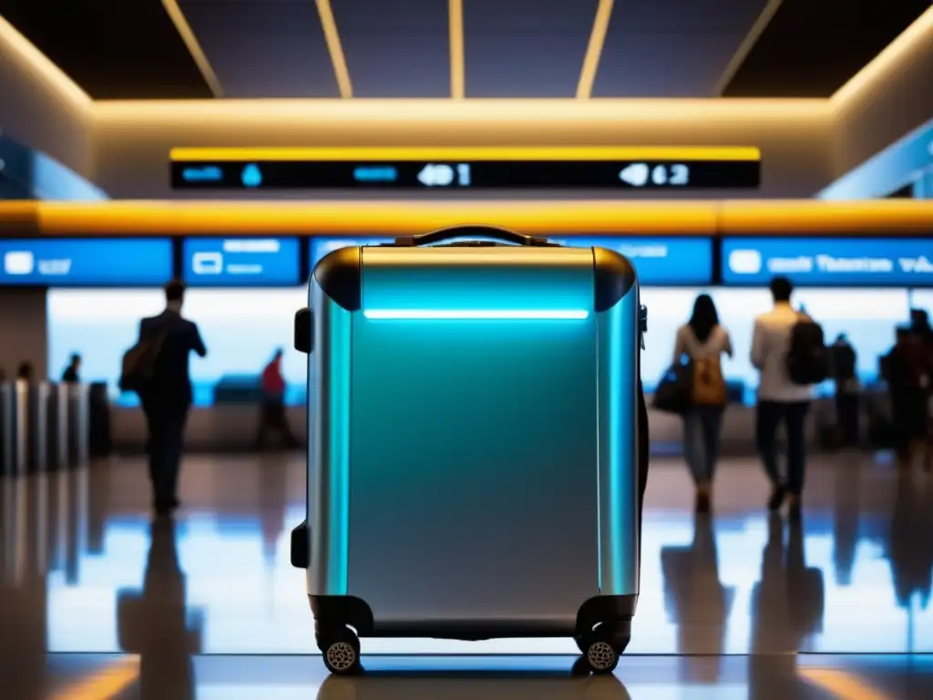 Beneficios del equipaje inteligente en un aeropuerto moderno con viajeros emocionados y maletas tecnológicas vibrantes