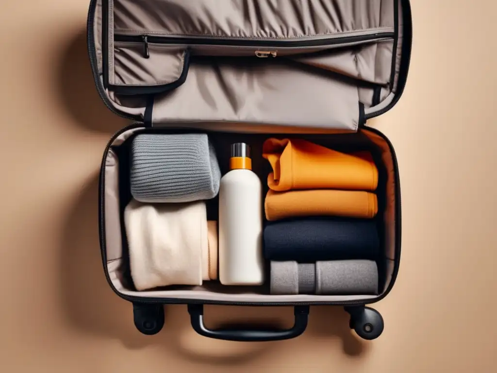 Maleta organizada con eficiencia Tips para empacar maleta eficientemente: organización ingeniosa, prendas dobladas y enrolladas, productos de viaje y zapatos ordenados