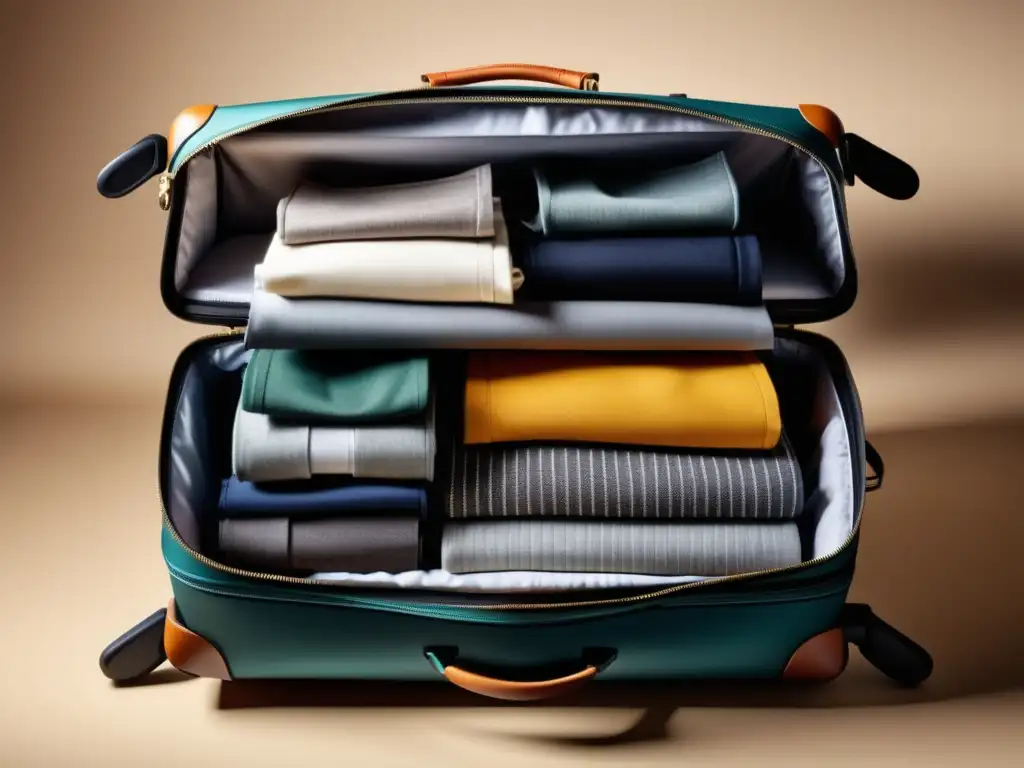 Maleta moderna abierta con ropa enrollada y organizada - Trucos de embalaje para el hombre moderno en viaje