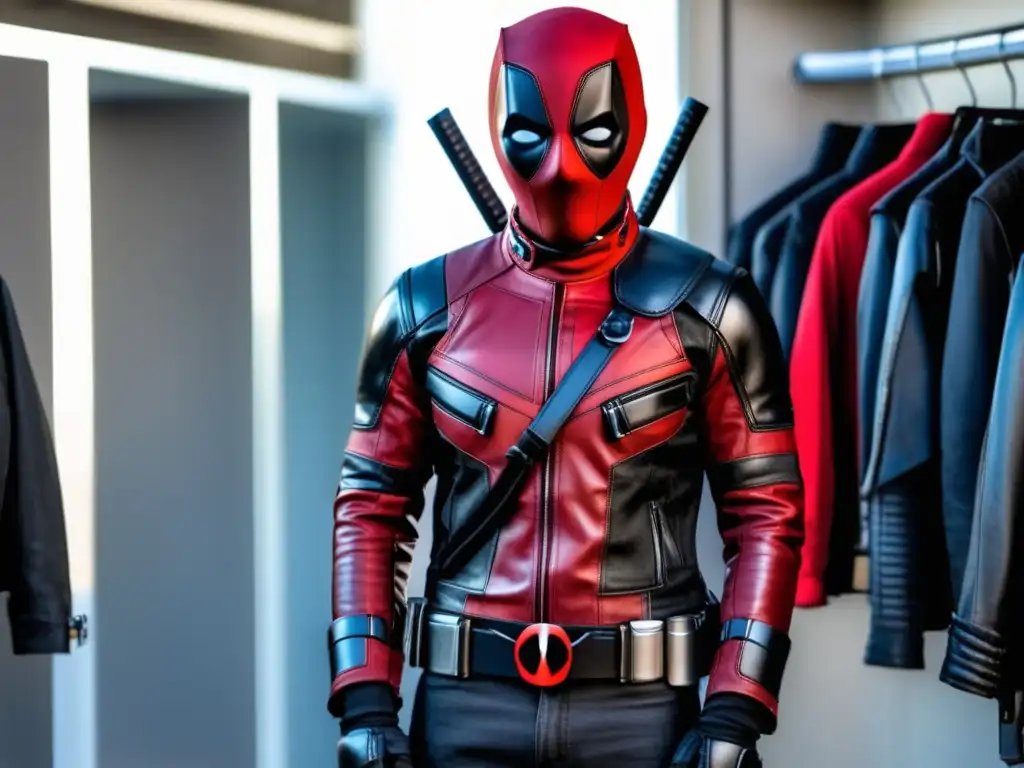 Guía estilo Ryan Reynolds Deadpool con maniquí vestido en cuero negro, camiseta roja y negra de Deadpool, jeans negros y accesorios cool