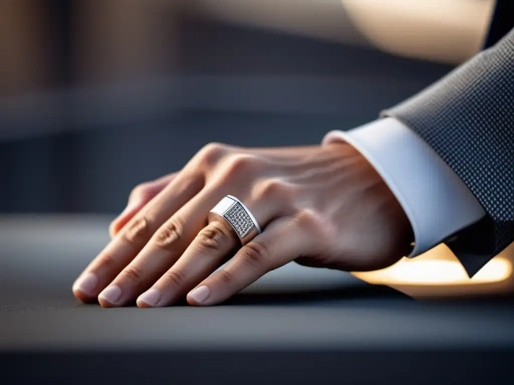 Joyería masculina como expresión de estilo: anillo plateado con patrones geométricos, brillo deslumbrante en mano elegante