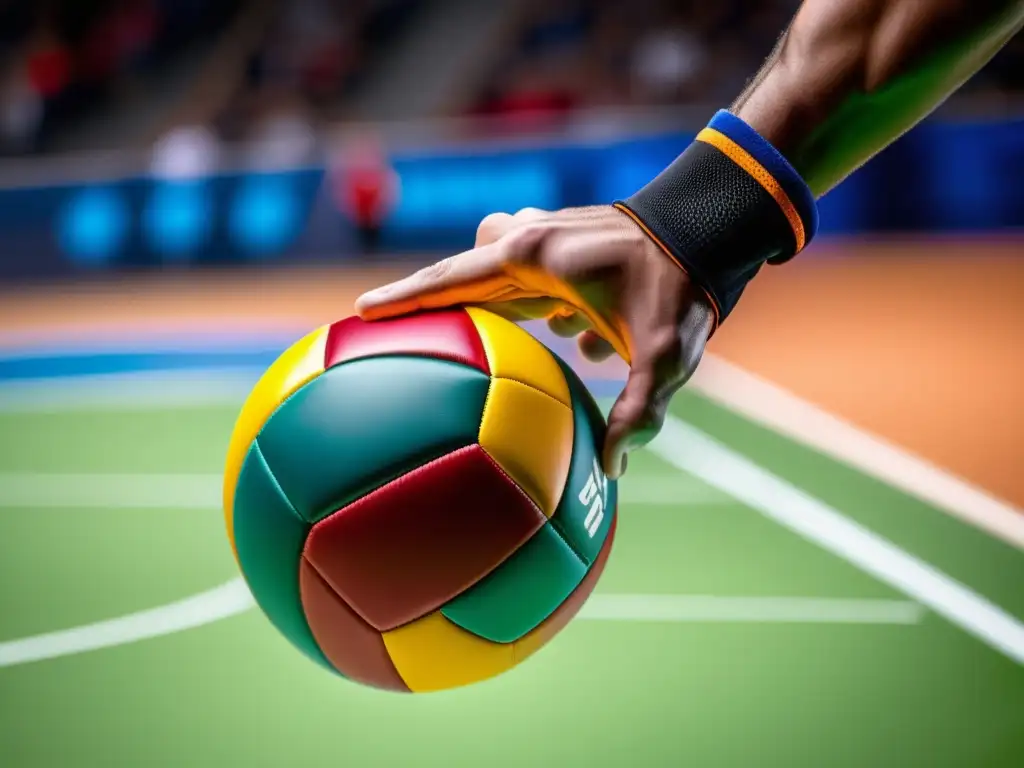 Combinar estilo y comodidad en balonmano: mano masculina agarra una moderna pelota de balonmano, destacando su textura y colores vibrantes