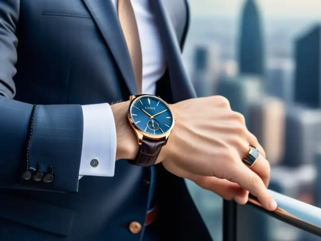 Estilo de moda masculina personalizada: Mano con traje a medida, reloj minimalista y fondo de ciudad