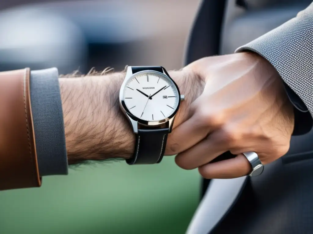 Un hombre elegante muestra un reloj de diseño minimalista, realzando el estilo masculino