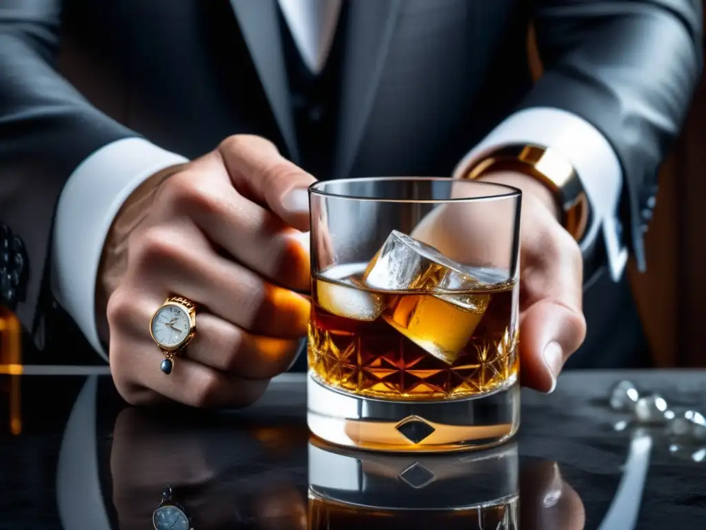 Mano masculina sostiene vaso de whiskey con condensación, rodeada de productos cuidado piel