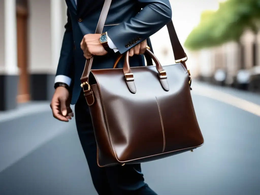 Bolsos de hombre tendencias actuales: mano elegante sostiene bolso de cuero marrón oscuro con detalles minimalistas