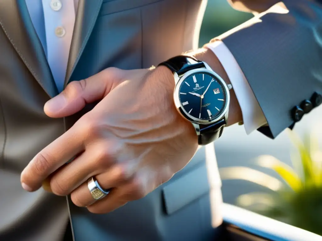 Estilo de moda masculina Bond: mano de hombre con reloj elegante y traje a medida, resaltando detalles y texturas