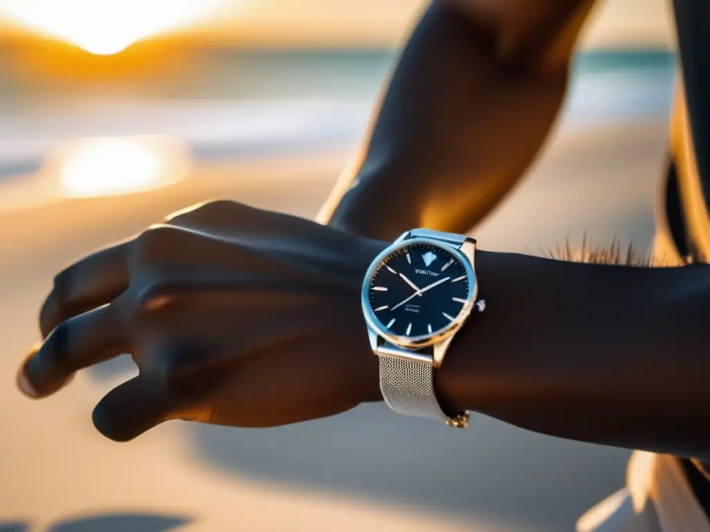 Consejos moda masculina playa: Mano masculina con pulsera de plata y reloj negro en una playa tropical