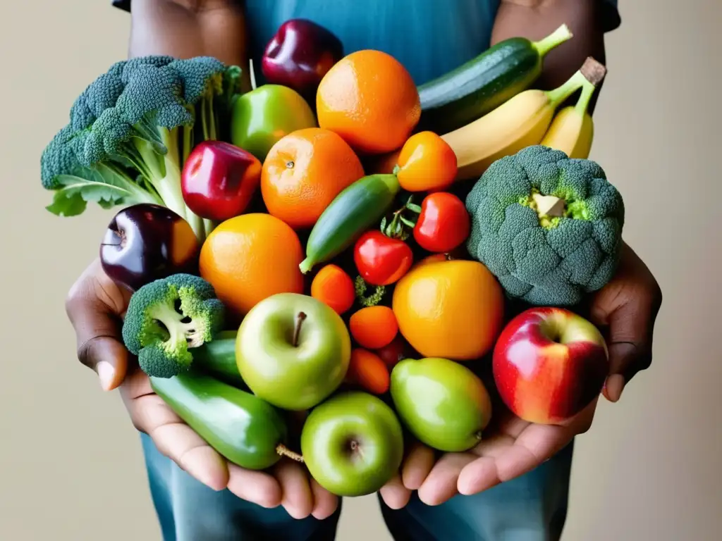 Mano sosteniendo frutas y verduras frescas