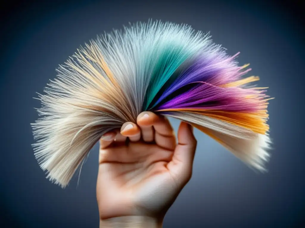 Beneficios y uso de fibras capilares: imagen detallada de mano sosteniendo fibras de colores para cabello