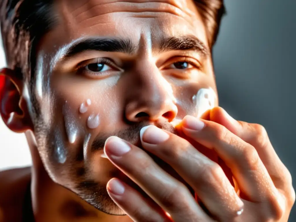 Cómo suavizar piel masculina: Hombre aplica hidratante, piel suave y saludable con un brillo sutil