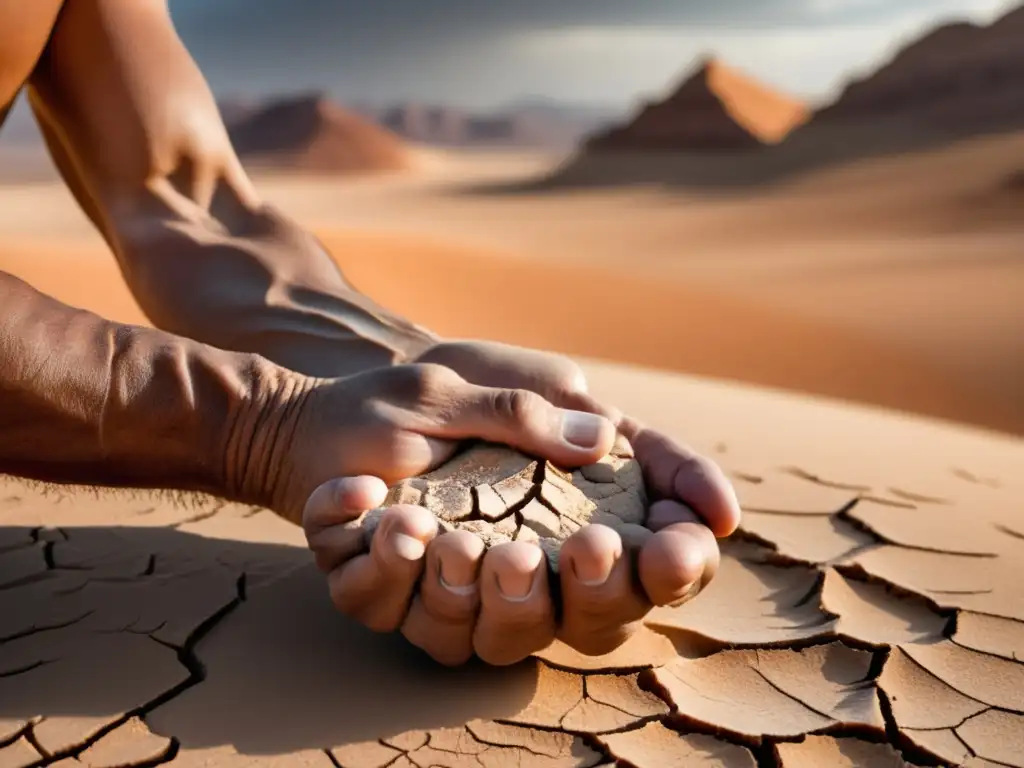 Cuidado piel agrietada hombres: Cracked hands in desert landscape, emphasizing hydration and protection