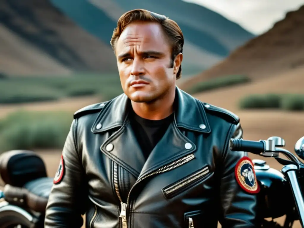 Estilo rebelde Marlon Brando en imagen de 8k: icónico actor con chamarra de cuero negra y motocicleta vintage, destacando su mirada intensa